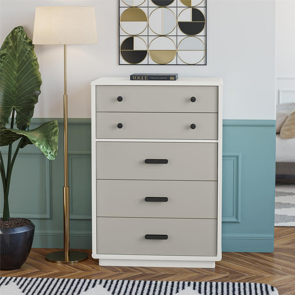 English Elm 5-drawer Tall Dresser with Matte Black Handles Two-toned Finish for Urban Bedroom B2733P444489