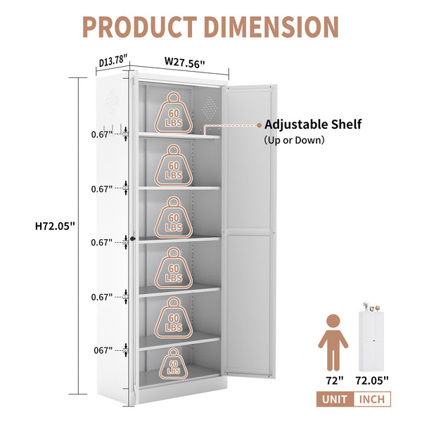 English Elm 72" Metal Pantry Cabinet White - Tool-Free 72" Freestanding Organizer, 5 Adjustable Shelves, 66lb/Shelf, Anti-Tip, Scratch-Resistant Quiet Doors T2398P350193