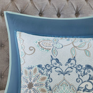 English Elm 8 Madison Park Isla Cotton Reversible Floral Comforter Set Queen OEKO-TEX Botanical Watercolor Medallion Blue 22.05 L x 20.87 W x 14.17 H B03597067