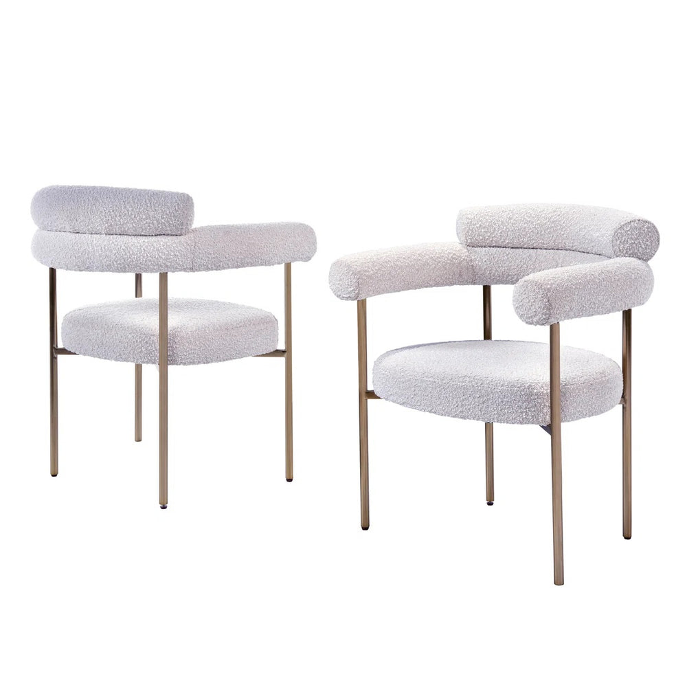 English Elm Set of 2 Boucle Fabric Kitchen Dining Chair with Armrest, Sleek Stainless Steel Frame, Cream Finish Gold+Creamy White 53 L x 28 W x 12 H B011P353075
