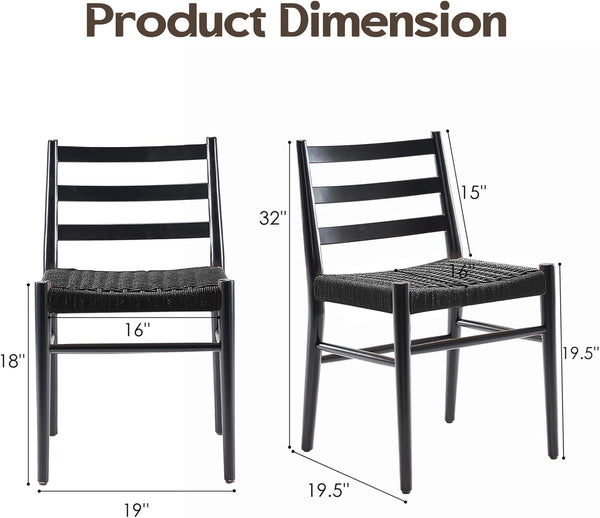 English Elm Dining Chairs with Handwoven Rope Seats and Iron Frame Mid Century Modern Set of 2 Black T3623P438626
