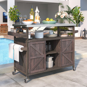 English Elm K&K Outdoor Kitchen Island Rolling Bar Cart with 1.2" Stainless Steel Top, Ample Storage, Wheels and Spice Rack Dark Brown WF532198AAZ