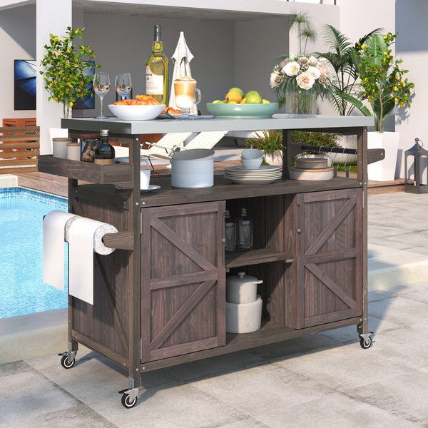 English Elm K&K Outdoor Kitchen Island Rolling Bar Cart with 1.2" Stainless Steel Top, Ample Storage, Wheels and Spice Rack Dark Brown WF532198AAZ