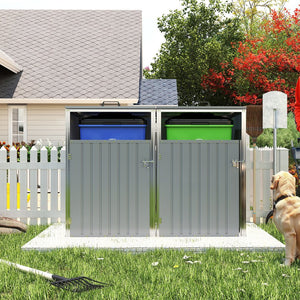English Elm Garbage Bin Shed Galvanized Steel Enclosure for Two Cans Outdoor Weather Resistant Light Gray W1598P357715