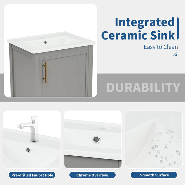 English Elm 20" Matte Freestanding Bathroom Vanity Rubberwood Cabinet Ceramic Sink Open Shelf Grey N725P391115E