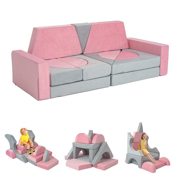 English Elm 15pcs Modular Toddler Play Couch Set Velvet Foam Fort Building Playroom Seating Pink+Grey T5880P493414