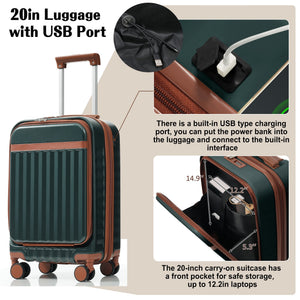 English Elm Luggage 3 Piece Abs Hard Shell Set with Usb Port Front Access and Spinner Wheels Dark Green N726P307555G