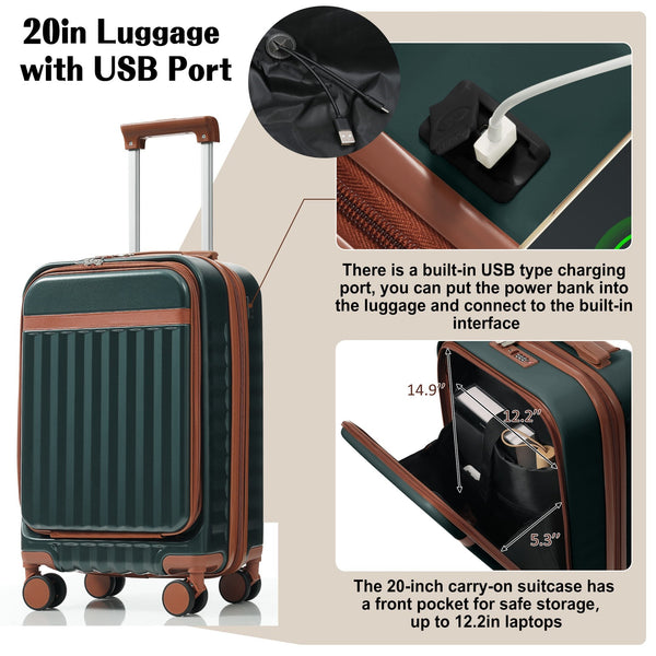 English Elm Luggage 3 Piece Abs Hard Shell Set with Usb Port Front Access and Spinner Wheels Dark Green N726P307555G