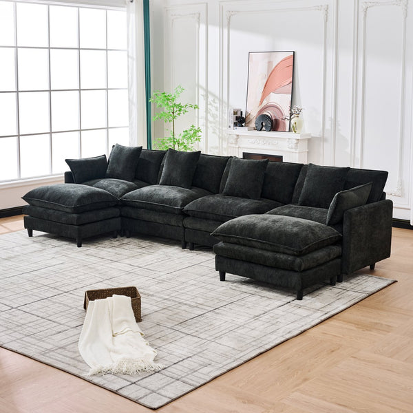English Elm 140.9-inch U-shaped Modular Sectional Sofa with Ottomans Chenille Cloud Cushions Black W288S00030