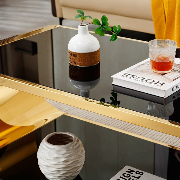 English Elm 57" Gold Stainless Oval Coffee Table with Black Tempered Glass, 2-Tier Storage, Modern Chic Design W3456S00027