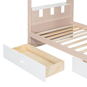 English Elm Twin Castle Bunk Bed with Led Lighting Built-in Shelf and Storage Drawers for Kids White LT000158AAK