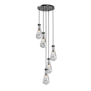 English Elm 5 Light Cluster Pendant with Raindrop Glass & Adjustable Copper Rope, Modern High-Ceiling Chandelier for Living Room, Dining, Stairwell — App-Controlled Black W1340P316384
