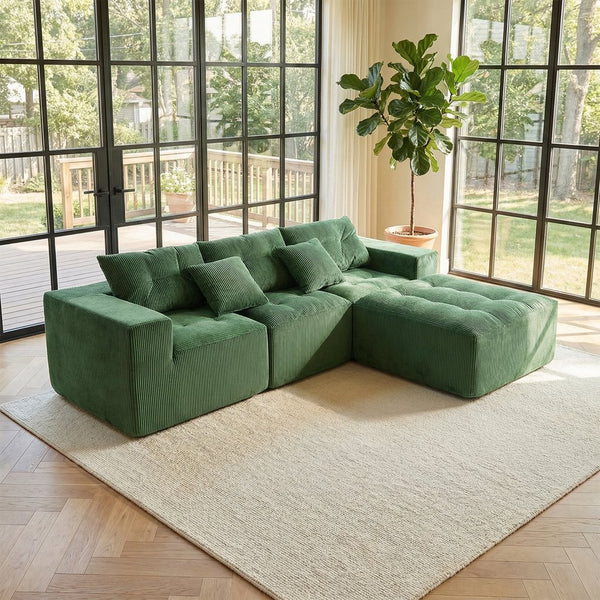 English Elm 101" Modular Cloud Sectional Corduroy Upholstered Sofa Reversible Chaise Living Room Green W1170S00055