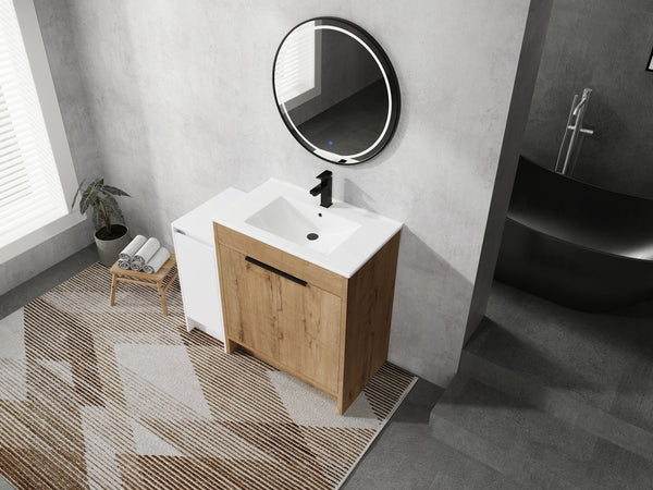 English Elm 42 Inch Freestanding Bathroom Vanity With Ceramic Sink, Soft-Close Doors & Ample Storage Solutions W999S00309