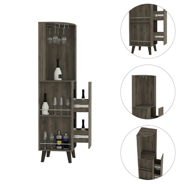 English Elm Cincinatti Corner Bar Cabinet Dark Brown with Stemware Rack, 2 Railed Shelves, 2-Tier Drawer, Open Prep Shelf B070S00176