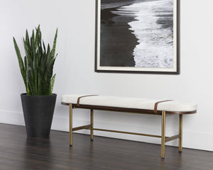 Sunpan Elaine Bench - Curved Silhouette in Polo Club Muslin with Walnut Veneer & Antique Brass Base