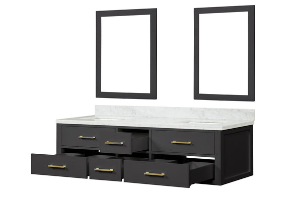 English Elm Black Double Bath Vanity 72" W x 22" D with Carrara Marble Top, Soft-Close Drawers & Dual 34" Mirrors B2731S01574