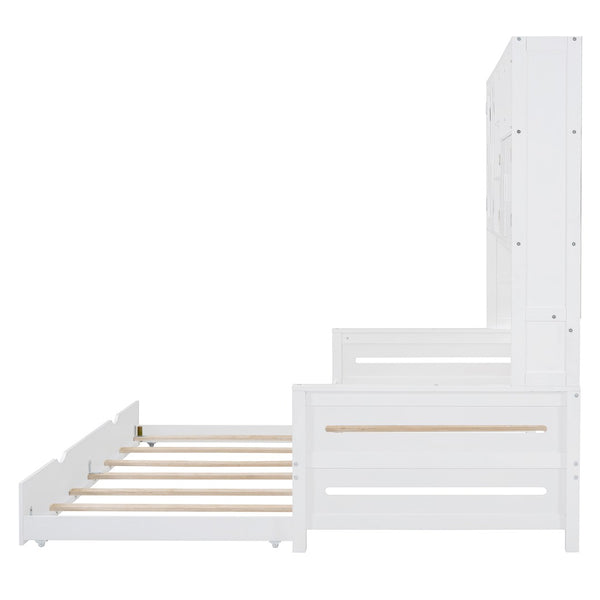 English Elm Twin Size Daybed With Trundle & Integrated Storage Shelf - Modern White Design For Kids & Teens N820S00026K-GIGA