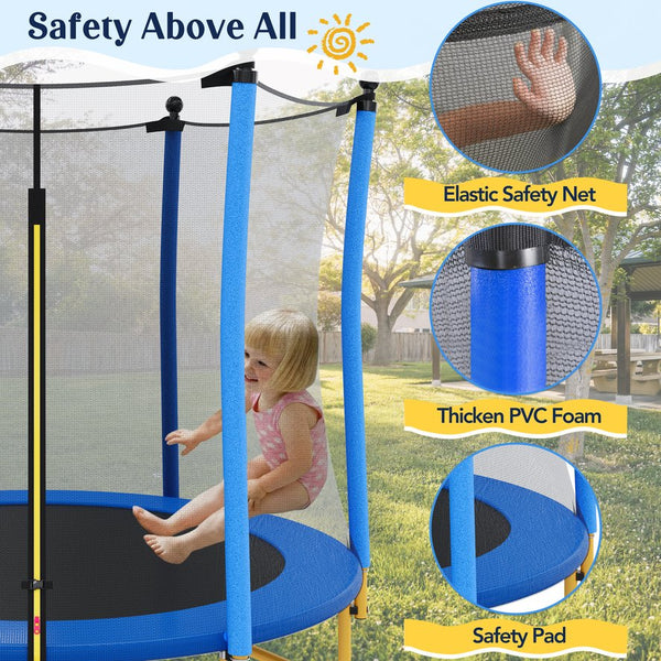 English Elm [without Basketball Hoop] 5.5 Ft Kids Trampoline with Safety Net and Foam Padded Poles Blue N739P443065C
