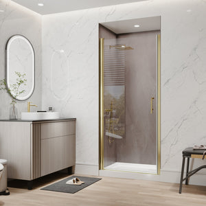 English Elm 34-36 in Frameless Pivot Shower Door Clear Tempered Glass with Brushed Gold Hardware W637P400612