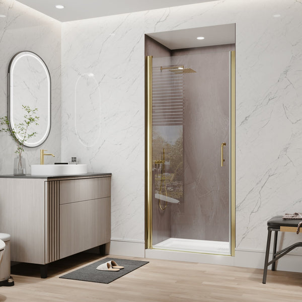 English Elm 34-36 in Frameless Pivot Shower Door Clear Tempered Glass with Brushed Gold Hardware W637P400612