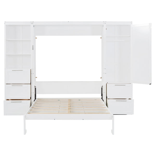 English Elm Queen Murphy Wall Bed with Wardrobe Drawers and Shelves for Studio or Guest Room White LP000865AAK-2