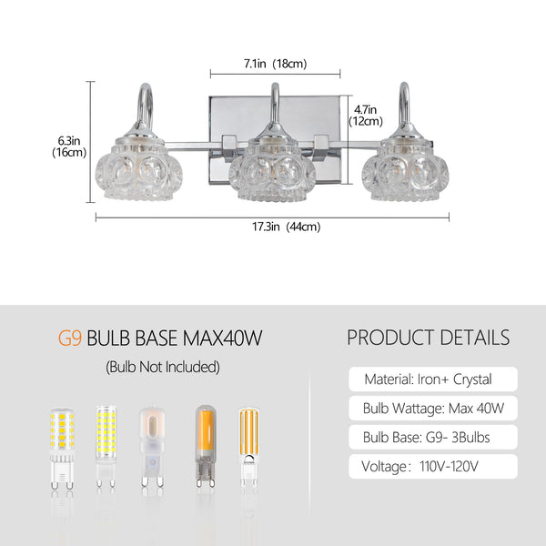 English Elm 17" Nickel Vintage Crystal Glass Vanity Light - 3-Light Hardwired Bathroom Mirror Fixture, Clear Shades, Iron Design W1340P206723