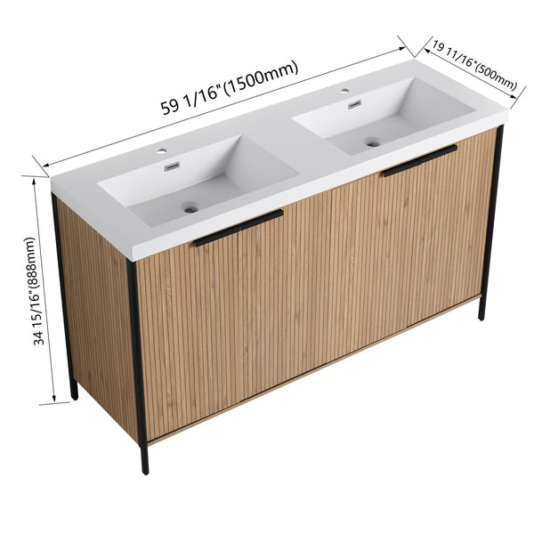 English Elm 60" Freestanding Bathroom Vanity with Double Resin Sink, Soft-Close Doors, Adjustable Shelves, Water-Resistant Finish W999S00383