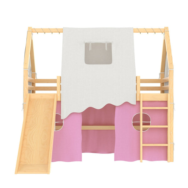 English Elm Twin Pine Loft Bed with House Frame Tent Led Lights Slide and Floor Space Below W1580S00289