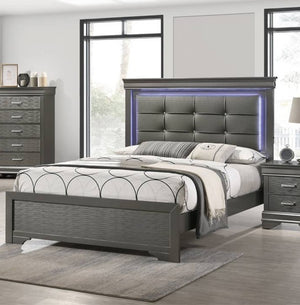English Elm Dark Faux Leather Diamond Tufted Eastern King Bed with Built in Led Ambient Headboard Gray B011S02088