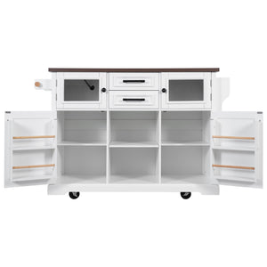 English Elm K&K 54.9" Farmhouse Kitchen Island Cart with Drop Leaf, Charging Station, Barn Doors & Glass Pane White N707P300277W