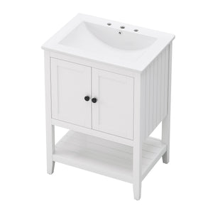 English Elm 24" Morandi White Bathroom Vanity with Ceramic Sink, Solid Wood Frame & Open Shelf, Modern Elegance N725P189823K