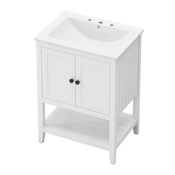 English Elm 24" Morandi White Bathroom Vanity with Ceramic Sink, Solid Wood Frame & Open Shelf, Modern Elegance N725P189823K