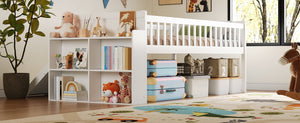 English Elm Twin Platform Kids Bed with Slide Ladder Guardrails Storage Shelf Wood Frame White N733S415411K