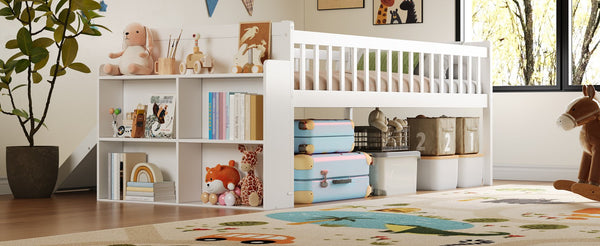 English Elm Twin Platform Kids Bed with Slide Ladder Guardrails Storage Shelf Wood Frame White N733S415411K
