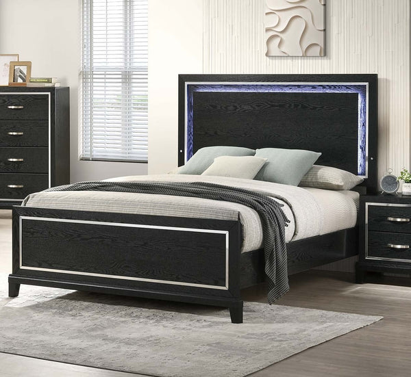 English Elm Modern Queen Platform Bed with Built in Led Headboard Matte Black Minimalist Frame B011S02075