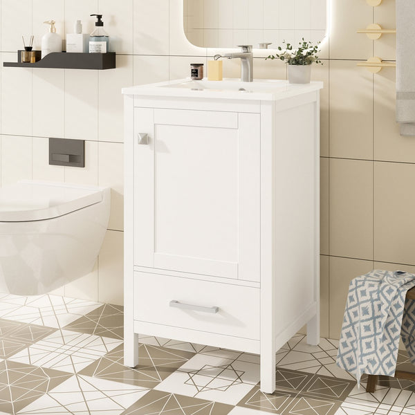 English Elm 20-Inch Compact Bathroom Vanity with Ceramic Sink, Soft-Close Storage, Divider Drawer & Easy Plumbing Access White N729P334847K