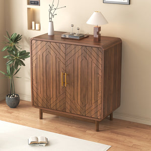 English Elm Walnut-finish Carved Sideboard Buffet Cabinet with Adjustable Shelves and Gold Handles W5389P463605