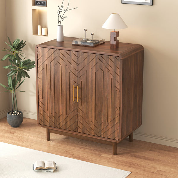 English Elm Walnut-finish Carved Sideboard Buffet Cabinet with Adjustable Shelves and Gold Handles W5389P463605