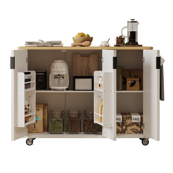 English Elm K&K 51" Fluted Kitchen Island with Waveform Panels, Drop Leaf, Rolling Cart with Towel Rack and Storage White N707P221446W