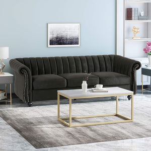 Christopher Knight Home® - Noble House - - 84-Inch Black 3-Seater Velvet Sofa – Button Tufted With Nailhead Trim, Curved Backrest, And Rolled Arms, Stylish And Elegant Couch For Modern Living Rooms, Durable Upholstery, Luxury Design