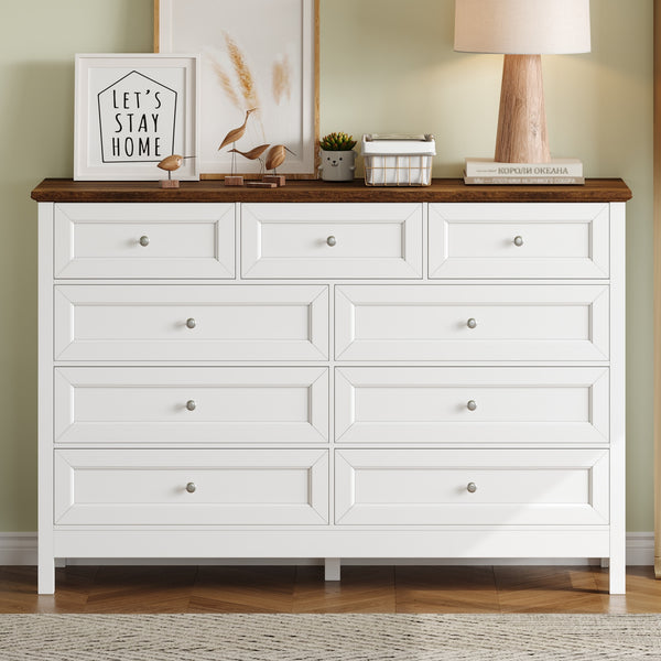 English Elm Wood Rustic Storage Dresser with 9 Drawers, Silver Handles and X Side Accents for Stylish Storage White N709P288888K