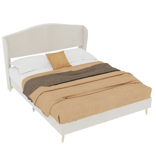 English Elm Suede Tufted Platform Bed Full Size Upholstered Headboard for Restful Bedroom Retreat Beige W1935P361016