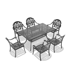 English Elm 7-Piece Cast Aluminum Patio Furniture Set With Plush Brown Cushions For Stylish Outdoor Dining & Relaxation W1710S00488
