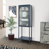 English Elm Stylish Tempered Glass High Cabinet With Arched Door Adjustable Shelves and Feet Anti-Tip Dust-Free Fluted Glass Kitchen Credenza Blue