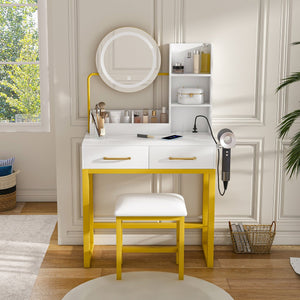 English Elm Makeup Vanity Table with LED Lights, Built-In Outlet & USB, Large Drawers, Hair Dryer Stand White W509P297014