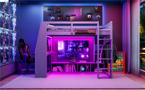 English Elm Wood Full Size Gaming Loft Bed with Integrated Desk, Shelves, LED Lighting & Hanging Clothes Rack Gray N7090001042E