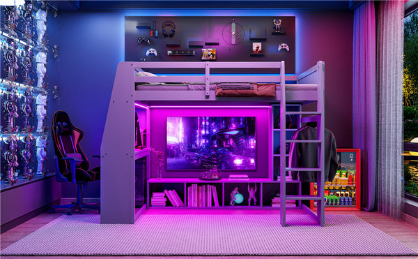 English Elm Wood Full Size Gaming Loft Bed with Integrated Desk, Shelves, LED Lighting & Hanging Clothes Rack Gray N7090001042E
