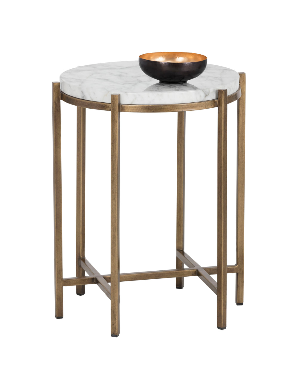 Sunpan Solana Round End Table - Stylish Marble Look Top with Antique Brass Base for Modern Spaces, 21" Tall