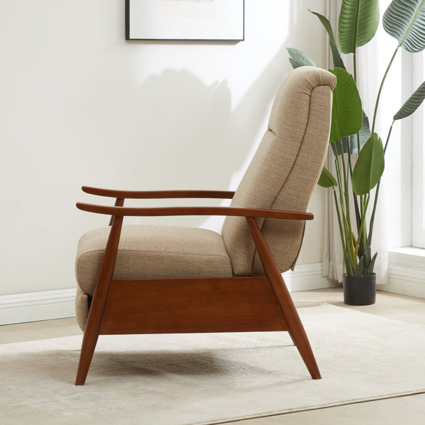 English Elm Tustin Mid-century Push Back Recliner with Chestnut Wood Arms and Performance Fabric Beige B050P429143